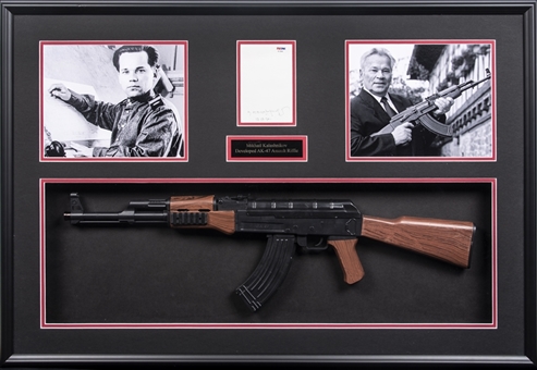 Mikhail Kalashnikov (Creator of the AK-47) Signed Note Page in Framed 25x37" Shadowbox with Replica Ak-47 (PSA/DNA)